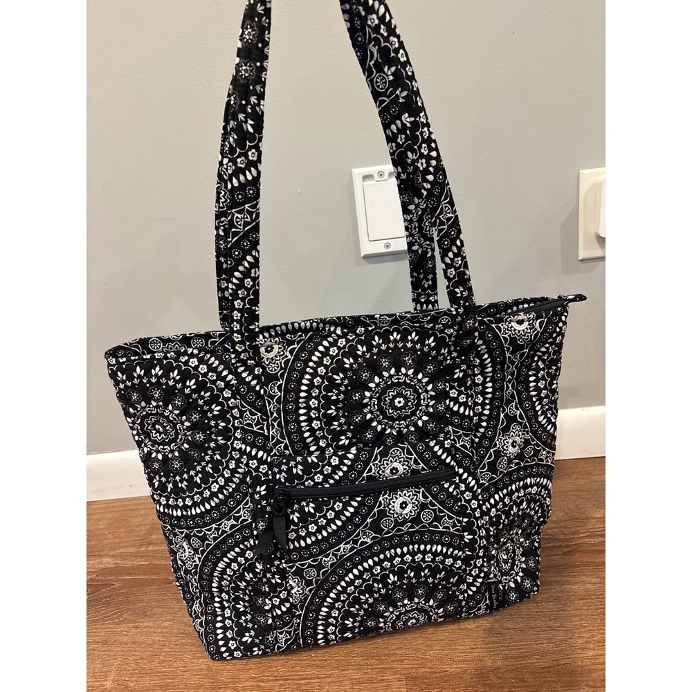 Cotton Tote Black White Medallion Paisley Quilted Cotton Shoulder Bag